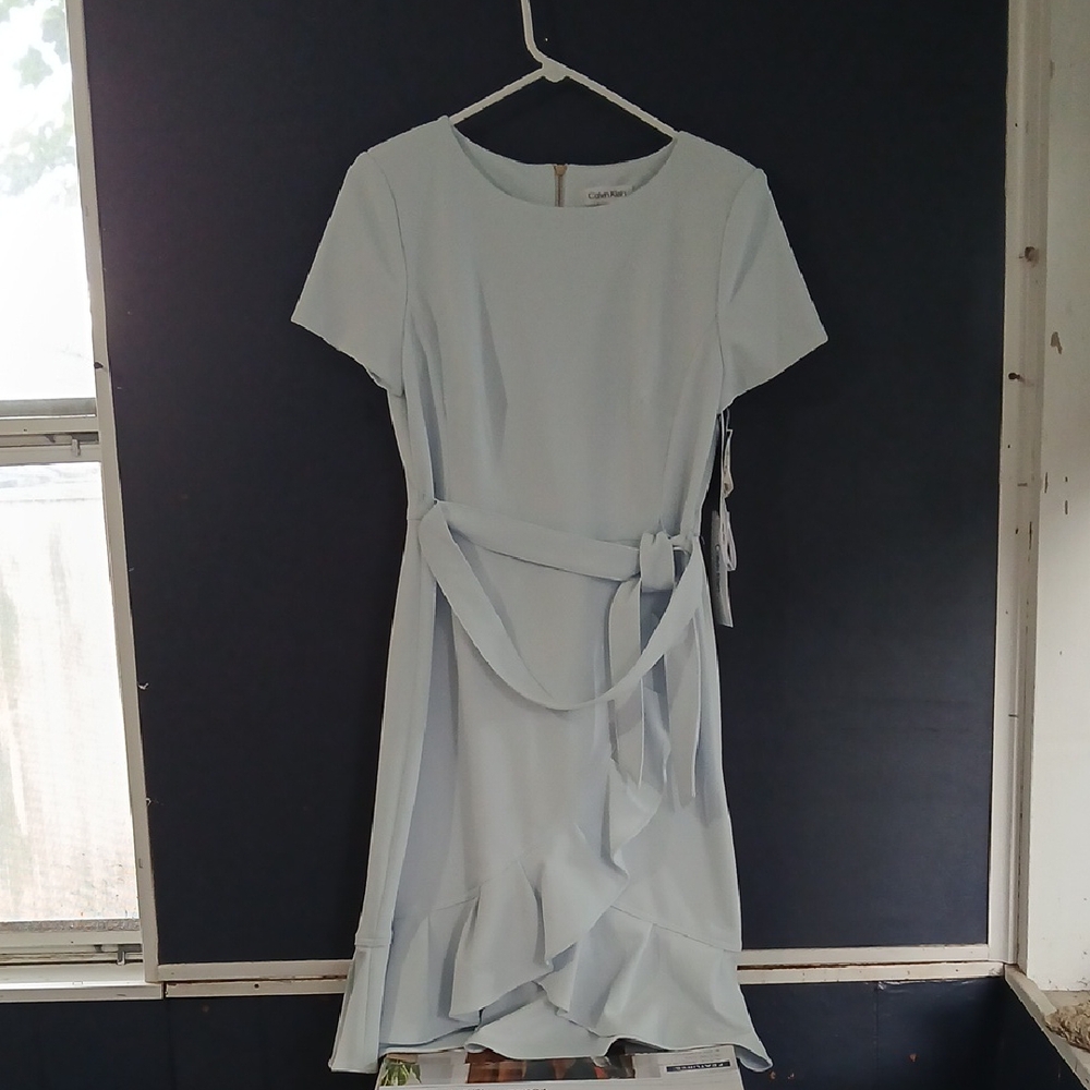 Calvin Klein Pale Blue Midi Dress with Waist Tie